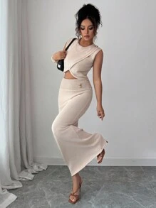 Siren Gaze Conjunto de 2 peças de colete e saia de malha casual de verão feminino, cor sólida - Bege - Ver 6