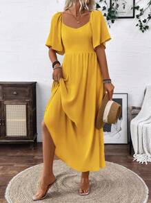 Chiquease Clasi Breezaya 女式奶油黄波西米亚风方形优雅领口浪漫毕业生日礼服音乐会服装海滩女士服装泡泡袖露背蝴蝶结连衣裙带蝴蝶结春夏超长度假柔软面料荷叶边袖长裙 - 黃色 - 查看 5