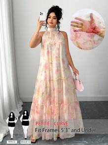 SHEIN PETITE CURVE 大码女式优雅梭织无袖花卉网眼连衣裙 - 米色 - 查看 1