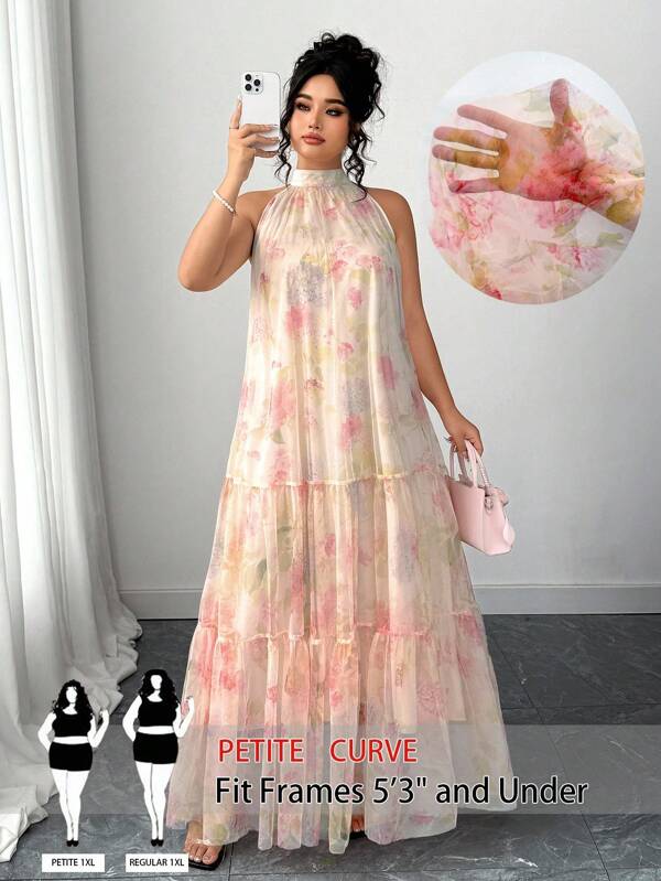 SHEIN PETITE CURVE Vestido de malla floral sin mangas elegante para mujer de talla grande