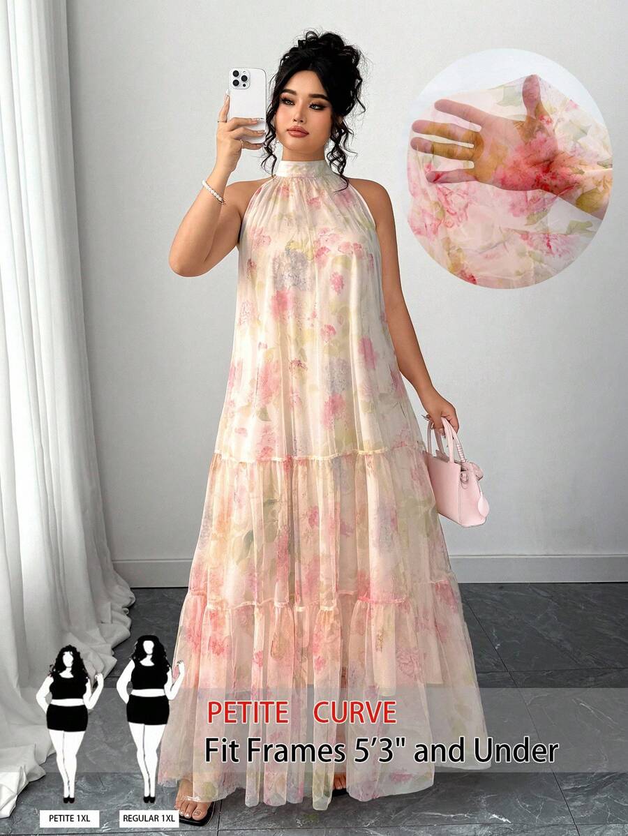 SHEIN PETITE CURVE 大码女式优雅梭织无袖花卉网眼连衣裙 - 米色 - 查看 1