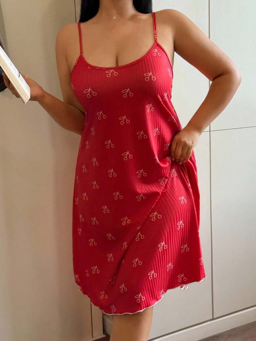 Plus Size Cherry Print Camisole Nightgown - Red - View 1