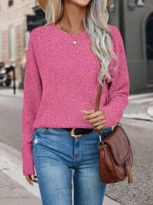 EMERY ROSE Casual Solid Color Drop Shoulder Loose Knit Sweater, Autumn/Winter Knit Pullover Fall - Hot Pink - View 5