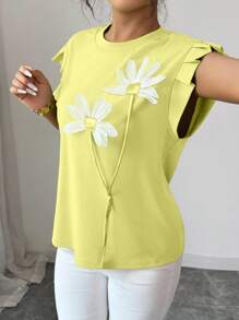 Elenzga Women's 3D Floral Decor Round Neck Loose T-Shirt With Flutter Sleeves , Summer - Yellow - View 4