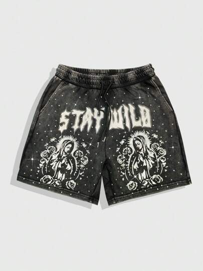 Goth Men Casual Street Virgin Mary And Letter Graphic Drawstring Waist Rhinestone Wash Shorts