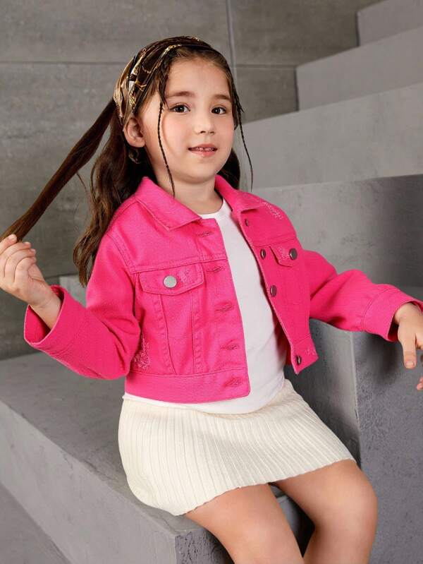 Young Girl's Distressed Button Front Flip Detail Denim Jacket