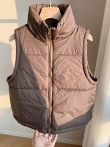 SHEIN EZwear Zip Up Sleeveless  Vest Coat - Coffee Brown - View 5