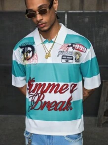 AXEPEAK 男士休闲拼色条纹字母印花 Polo 衫，夏季