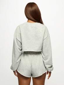 SUMWON WOMEN 舒适短款运动衫短裤套装家居服松紧腰抽绳毛边下摆秋冬休闲家居服