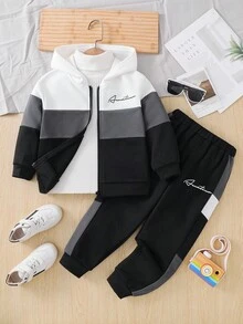 SHEIN 2 件/套年轻男孩针织撞色宽松连帽运动衫 + 针织撞色休闲运动裤，保暖内衬，加厚，返校、返校节、万圣节，非常适合休闲和日常穿着和日常上学、返校季节、圣诞节、万圣节。 - 彩色 - 查看 1