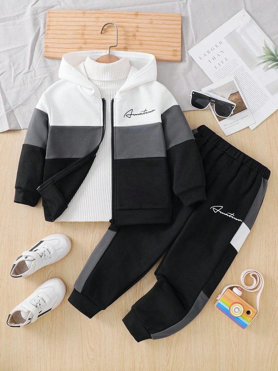 SHEIN 2 件/套年轻男孩针织撞色宽松连帽运动衫 + 针织撞色休闲运动裤,保暖内衬,加厚,返校、返校节、万圣节,非常适合休闲和日常穿着和日常上学、返校季节、圣诞节、万圣节。 - 彩色 - 查看 1