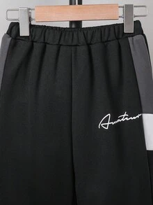 SHEIN 2 件/套年轻男孩针织撞色宽松连帽运动衫 + 针织撞色休闲运动裤，保暖内衬，加厚，返校、返校节、万圣节，非常适合休闲和日常穿着和日常上学、返校季节、圣诞节、万圣节。 - 彩色 - 查看 5