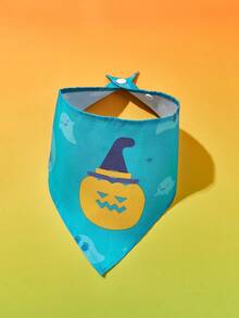 PETSIN 1pc Halloween Pumpkin Print Funny Pet Bandana, Cat Scarf, Dog Triangle Scarf, Small/Medium Pet Bib, Halloween Novelty Accessory & Daily Decor - Blue - View 2