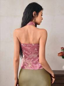 EastFlair 女士花卉提花前系带优雅露背上衣，中国风 - 粉色 - 查看 6