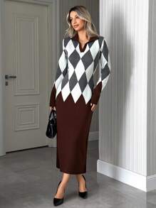 EURMUSE NAVY & WHITE ARGYLE PATTERNED LONG-SLEEVE SLIM FIT POLO COLLAR KNIT DRESS WOMEN'S WEAR,Petite - Brown - View 5