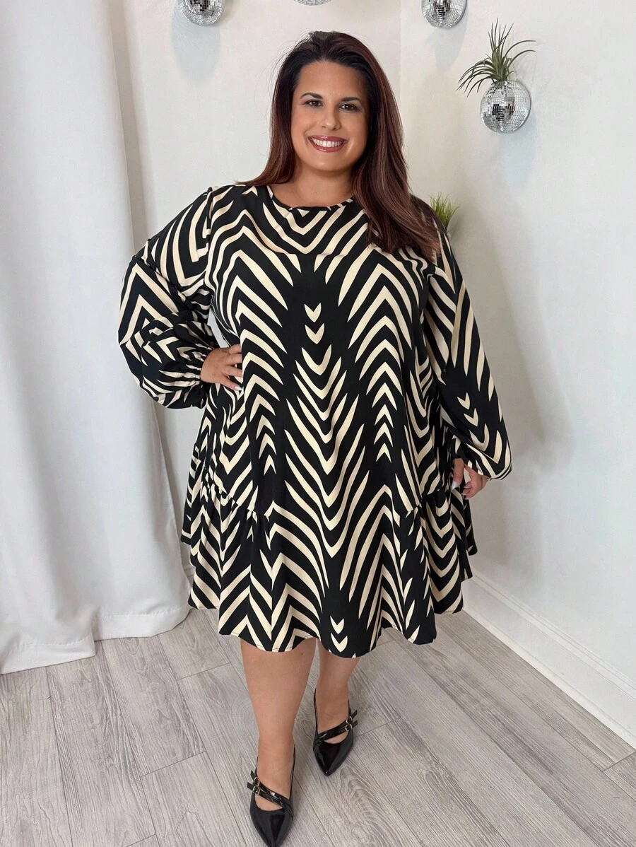 Enliva Robe longue à manches longues, imprimé géométrique confortable et ample, noir ou kaki, pour femmes grandes tailles. Vêtements d'automne et d'hiver, tenues d'hiver, robe cintrée, style bohème, robes élégantes pour femmes, robe de vacances, robe de travail, tenue d'été pour femmes