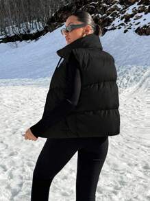 EURMUSE Stand Collar Solid Color Zip-Up Vest For Winter - Black - View 2