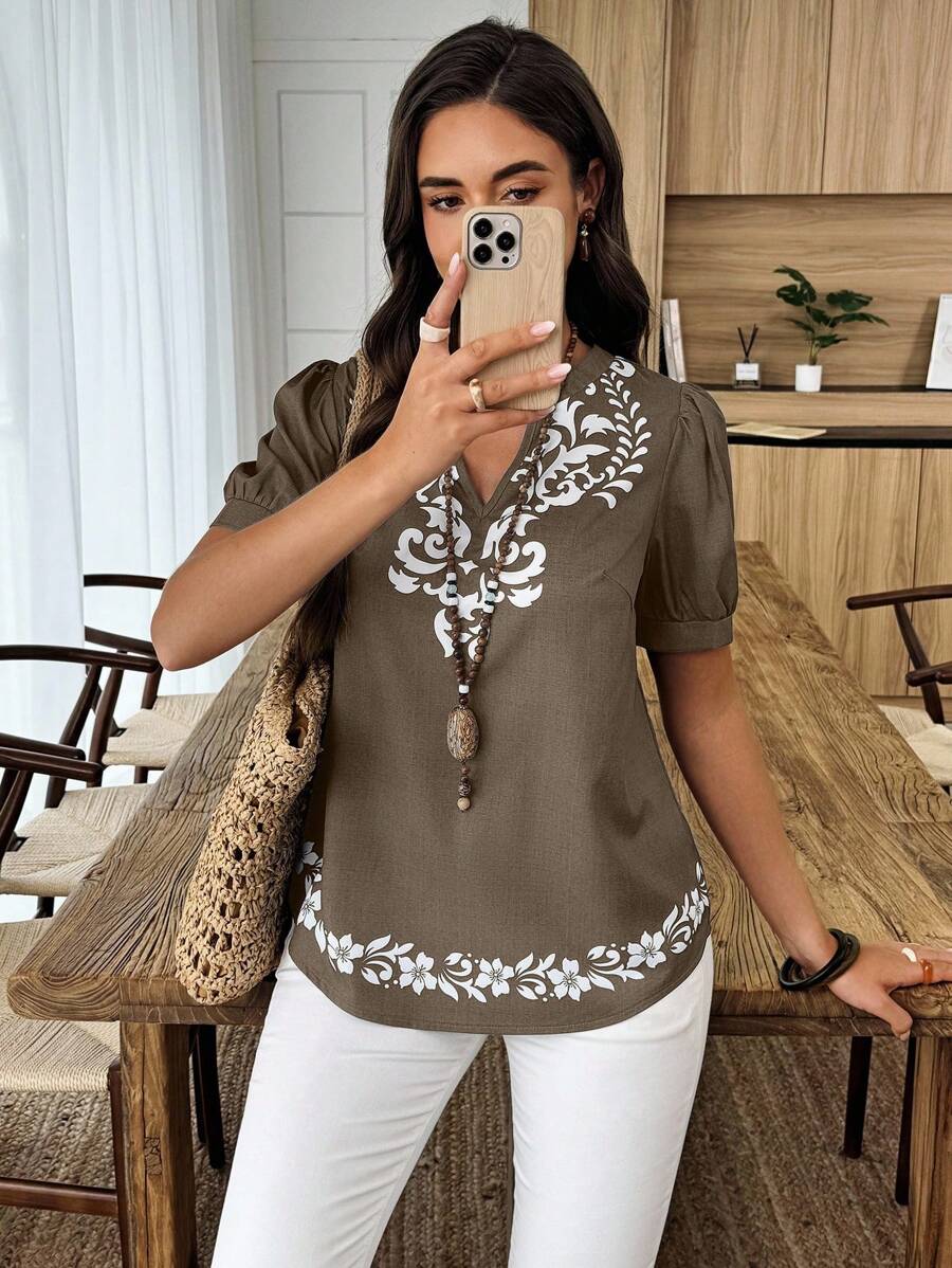 女士度假休闲花卉印花缺口领衬衫 - 彩色 - 查看 1