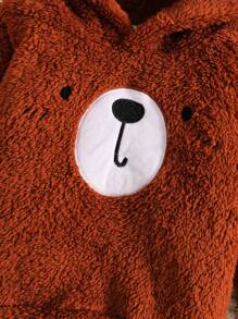 SHEIN 2 件套男婴加厚法兰绒泰迪熊刺绣连帽长袖卫衣和松紧腰裤套装，儿童服装，婴儿服装，婴儿装，婴儿上衣，男婴泰迪熊套装，适合秋冬季 - 棕色 - 查看 6