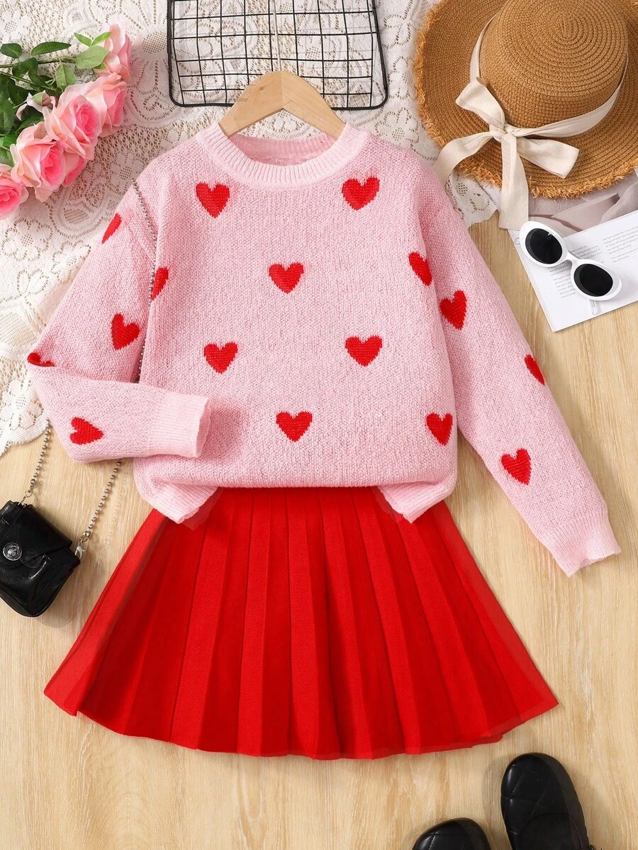 SHEIN 青少年女孩心形图案落肩圆领毛衣和纯色百褶裙 2 件套，适合日常穿着、返校、休闲场合，秋冬保暖，日常穿着 - 紅色 - 查看 1
