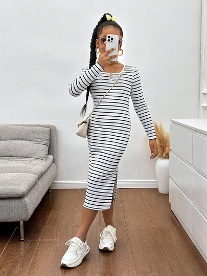 Tween Girls Striped Long Sleeve Knit Snug Fit Midi Dress, Casual Fashionable Versatile Streetwear Girls Striped Dress Long Sleeve Midi Dress Casual Dress For Girls Striped Midi Dress Girls Casual Dress Fall Winter