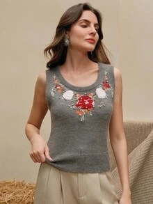 Anewsta Women's Casual Fashion Embroidered Rhinestone Knit Vest - Grey - View 4
