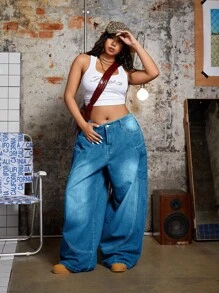EURMUSE Quần Jeans Denim Rộng rãi Thời Trang Đường Phố Cho Nữ Cỡ Lớn - Rửa nhẹ - Xem 4