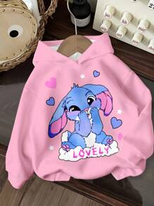 SHEIN 年轻女孩可爱卡通蓝色兔子露露，针脚图案，新鲜奶油粉色，休闲宽松圆领舒适日常针织长袖运动衫，适合秋冬季，轻松舒适，秋季分层，时尚，休闲装，图案，返校，秋季，返校节，适合户外野餐，街头摄影，家居，校园，Chill Chill 可爱连帽衫，适合可爱女孩的粉色连帽衫，适合兔子连帽衫 - 彩色 - 查看 2