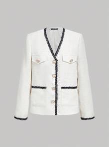 SHEIN MOD V领长袖亮片斜纹软呢撞色织带口袋垫肩白色西装外套，秋冬季，秋季，教师，返校，优雅外套，复古风格，H型西装，派对 - 白色 - 查看 3