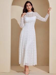 Graceveil Váy dài tay kiểu Pháp thanh lịch dệt kim jacquard cho nữ - trắng - Xem 5