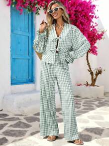 Vivid Eden Women's Boho Chic Plaid Front Tie  V-Neck Long Sleeve  Shirt And Pants 2 Pieces Set, Women Autumn 2 Pieces Outfit, Gingham Set, Two Piece Set Women Vacation, Two Piece Casual Sets Women,Fall Women Clothes,Vacation Outfits,,Rave Outfit,Brunch Outfits For Women,Fall Women Clothes - Green - View 1