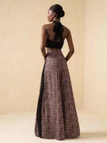 Lyxana Halter Backless Top & Wide Leg Pants Set, Leopard Print Color Block Elegant Chic Women's 2 Pieces Outfit - Multicolor - View 2