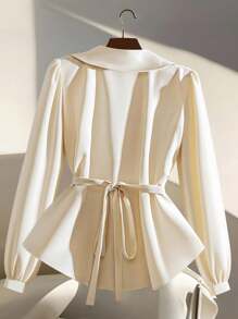 INAWLY 优雅时尚翻领双排扣束腰法式女式夹克 - 杏色 - 查看 2