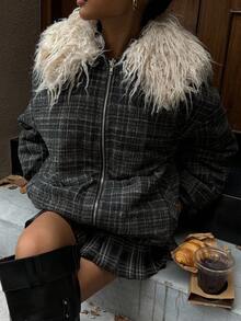 DAZY Karierter Patchwork Fellkragen, locker sitzende Jacke mit langen Ärmeln, Reißverschlusstaschen, Lässig Street Style, dick gefüttert, Damen Mantel für Herbst/Winter - Grau - Übersicht 5