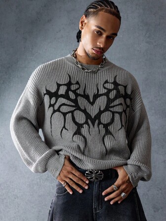Street Life Suéter holgado de punto casual con cuello redondo y hombros caídos para hombre