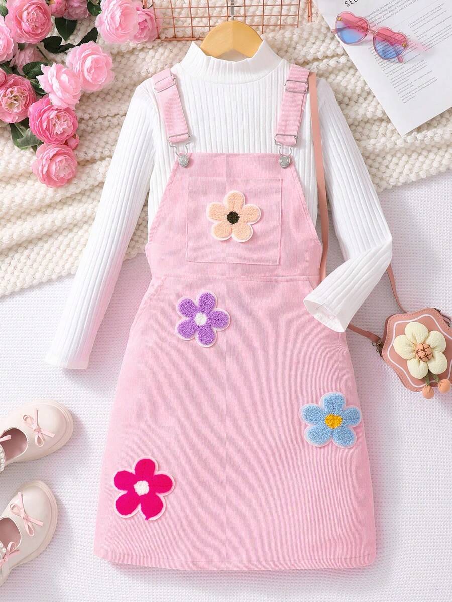 Sparklyn Tween Girl Floral Print Pocket Casual Suspender Dress - Pink - View 1