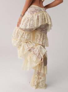 SHEIN ICON Y2k Women's V-Front Waistband Western Party Layered Ruffle Hem Lace Low Waist Long Pants - Beige - View 2