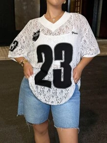 Dripcurv Plus Size Sheer Patchwork Loose Casual Fashion T-Shirt, Suitable For Summer Vacation Western Wear Business Casual Festival Airport Graduation - White - View 4