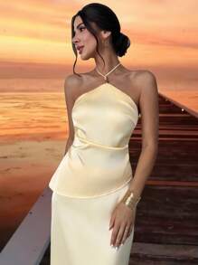 Firerie 女士浅黄色串珠系带前吊带背心和低腰中裙套装，适合春夏季休闲度假，浅色套装，春夏季服装，沙滩装，性感，度假，海滩，波西米亚，夏威夷 - 黃色 - 查看 2