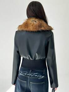 Aloruh Chaqueta de mujer con cuello de piel sintética, manga larga, cintura ceñida y parches de PU en estilo Y2K Baddie, para otoño/invierno - Negro - Ver 3