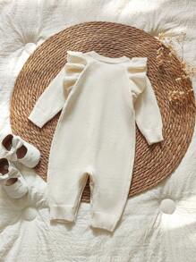 SHEIN Vintaside Kids 婴儿女童长袖连体衣，带有 3D 花朵装饰，适合家庭聚会、万圣节、新年、感恩节、圣诞节 - 米色 - 查看 2