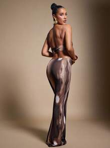 Hauture Halter Neck Dramatic Plunge Neck Printed Mesh Dress With Gold Metal Hardware Detail - Coffee - View 5