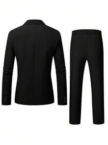 Manfinity Mode Men's Coffee Color V-Neck Casual Suit Set, Spring/Summer Men Black Suit Men Black And White Outfit Office Wear Men Man Suit Men Black Dress Pants - Black - View 2