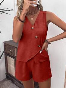 SHEIN LUNE Women's Solid Color Single-Breasted Vest And Shorts Casual Loose 2 Pieces Set - Burgundy - View 5