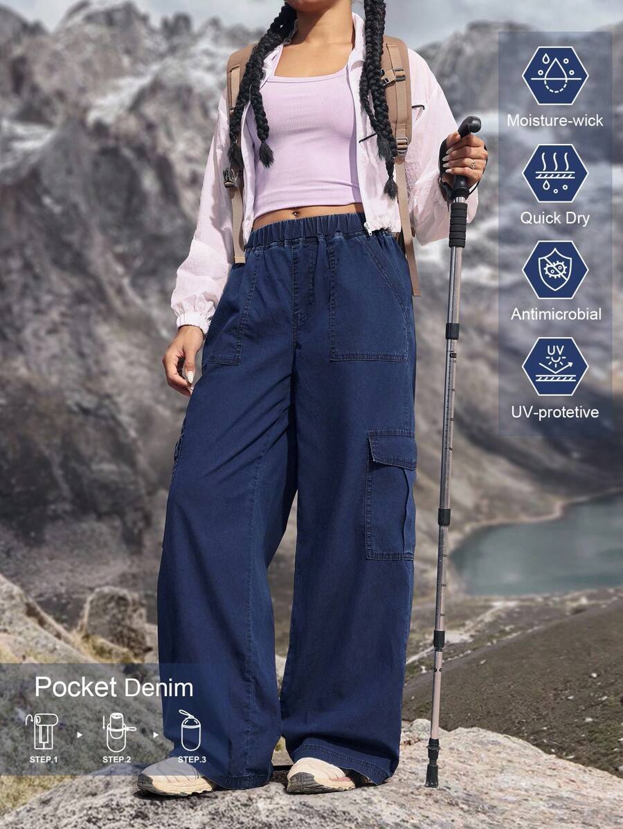 Flexra 女式工装口袋宽腿宽松休闲牛仔裤 - 藍色 - 查看 1