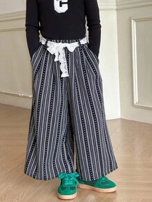 Dazy Kids Young Girl Casual Striped Wide Leg Pants With Belt - Apricot - View 4