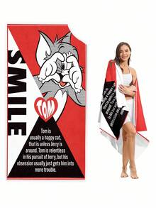 TOM & JERRY X SHEIN 1Pc Letter & Cartoon Pattern Beach Towel Summer Essential! Lightweight & Quick-Drying Beach Towel - Enjoy Perfect Beach Moments! - Red - View 1