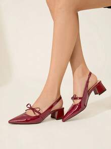 CUCCOO CHICEST Giày cao gót hở gót mũi vuông bằng da bóng màu đỏ tía, kiểu dáng đơn giản, thoải mái, thanh lịch dành cho nữ, phù hợp để đi làm, mặc trong lễ Halloween - Màu Đỏ Sâu - Xem 4