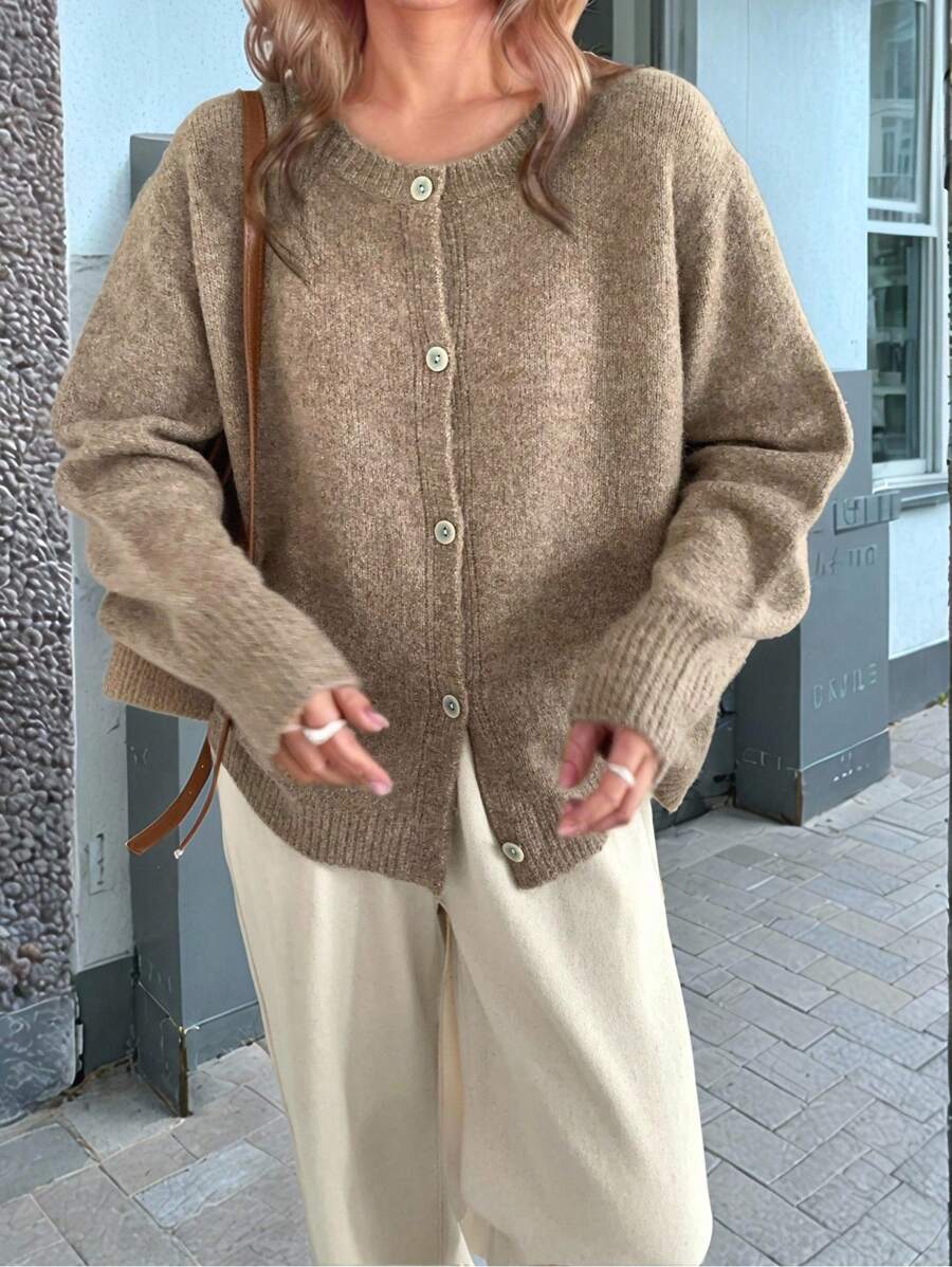 SHEIN Women Plus Size Solid Color Casual Knit Cardigan, Autumn/Winter Fall - Khaki - View 1