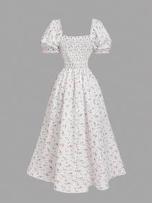 SHEIN MOD 浅粉色花卉度假休闲泡泡袖女式连衣裙，挤奶女工风格 - 淺粉色 - 查看 2